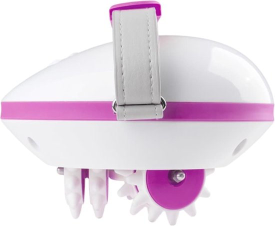 Zijaanzicht van het witte en paarse medisana cellulite massager apparaat met grijze band en paarse rollers.