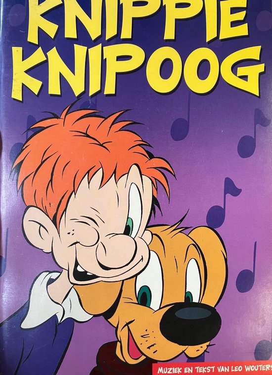 Boekomslag met Knippie Knipoog en hond Bengel tegen een paarse achtergrond met muzieknoten en gele titel.