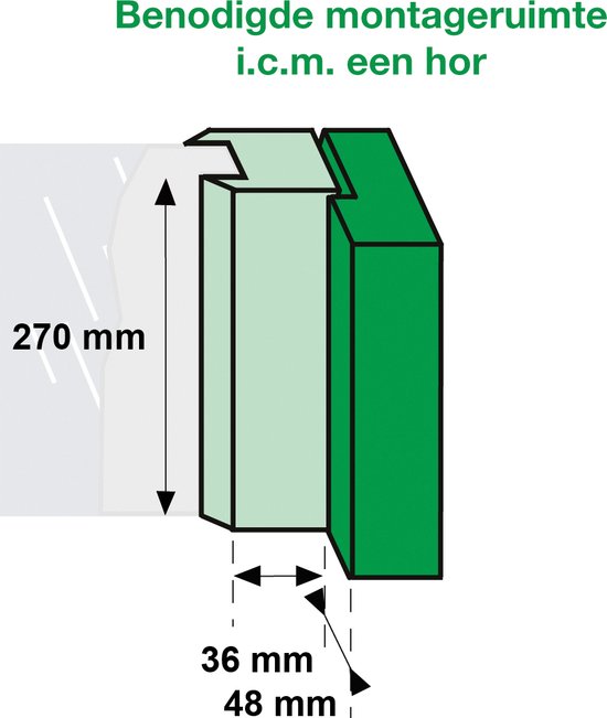 Technische tekening met afmetingen: 270mm hoogte, 36mm en 48mm breedte, met hor.