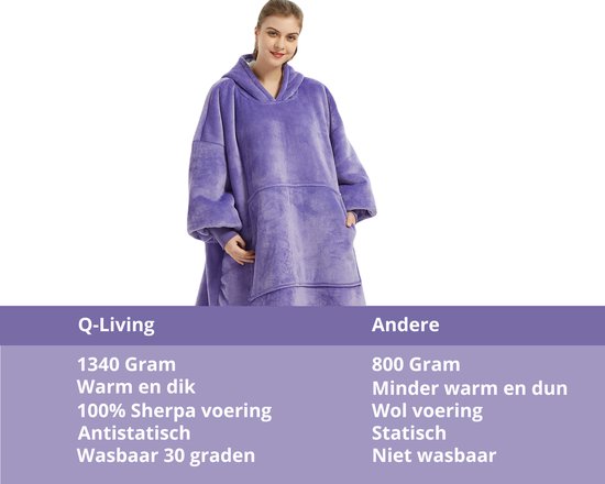 Q-Living Hoodie Deken - Snuggie - Plaid Met Mouwen - Snuggle Hoodie - Fleece Deken Met Mouwen - 1450 gram - Paars