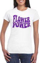Toppers Wit Flower Power t-shirt met paarse letters dames - Sixties/jaren 60 kleding L
