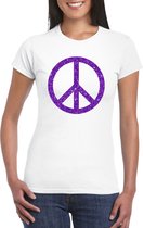 Toppers Wit Flower Power t-shirt paarse glitter peace teken dames - Sixties/jaren 60 kleding S