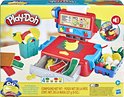 Play-Doh kassa verpakking met rode en blauwe kassa, speelgoedeten, vier potjes Play-Doh en een Minion.