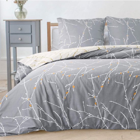 Dreamzie dekbedovertrek 220x240 cm met 2 kussenslopen 80x80 cm, wit zwart bloemmotief beddengoedset 220x240 volwassenen met ritssluiting, tweepersoonsbedlinnen, Oeko TEX