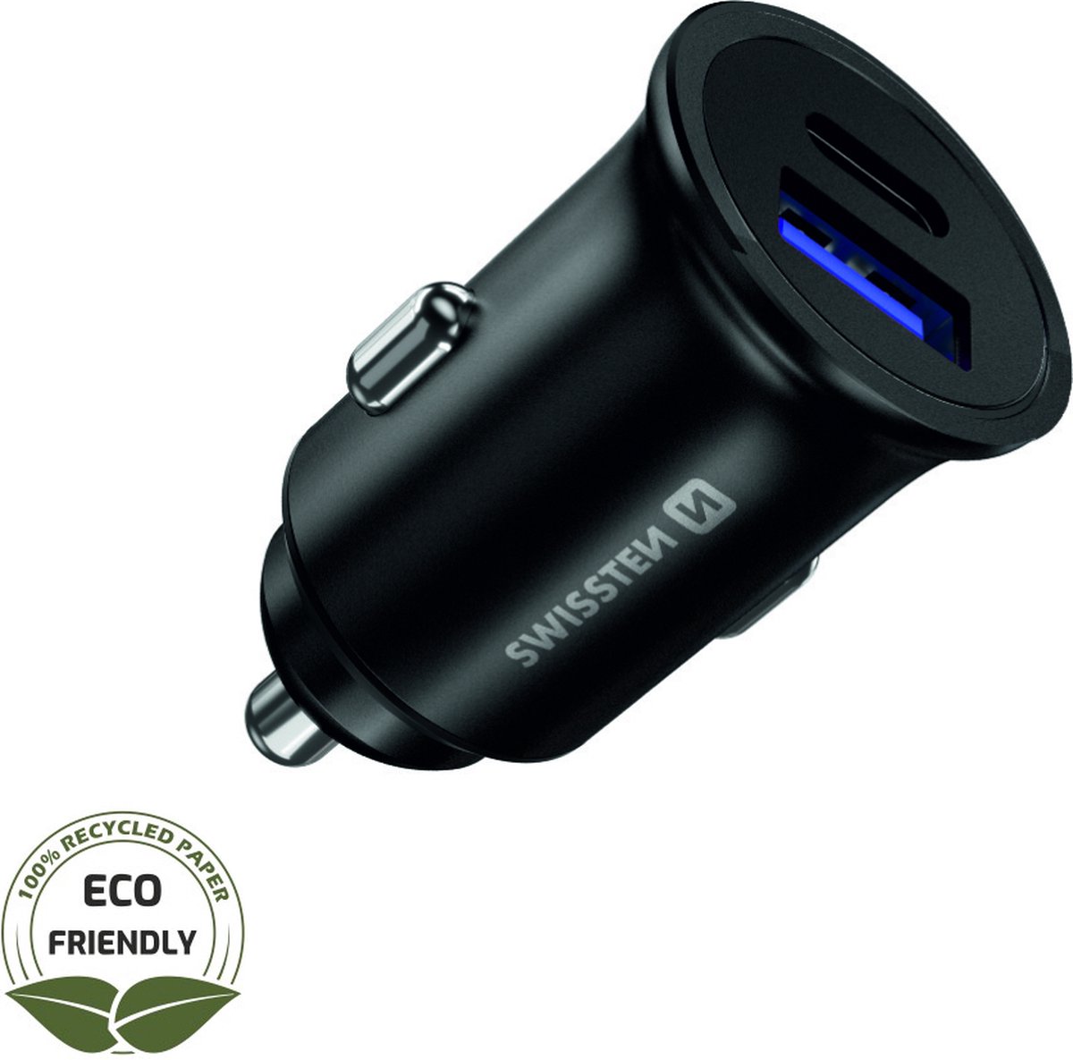 Swissten Autolader - 2 poorten - Snellader - 36W - USB 3.0 Quick Charge & USB-C - Zwart - Duurzame verpakking