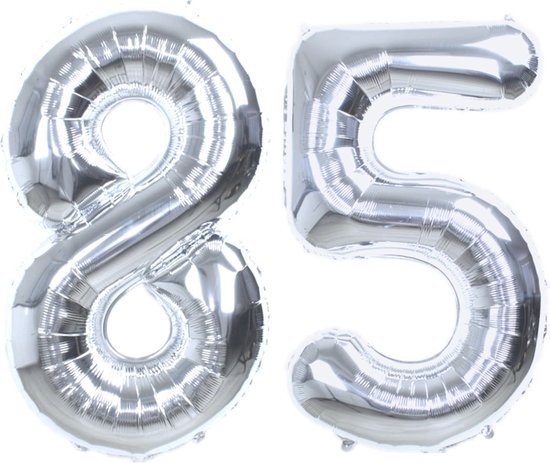 Folie Ballon Cijfer 85 Jaar Zilver Verjaardag Versiering Helium Cijfer Ballonnen Feest versiering Met Rietje - 86Cm