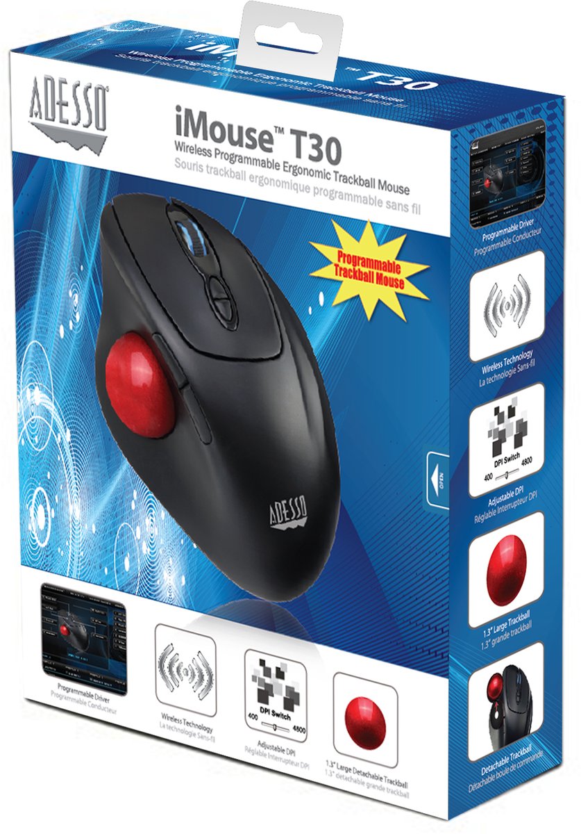 Draadloze ergonomische muis met trackbal - Adesso Imouse T30 - trackball Muis