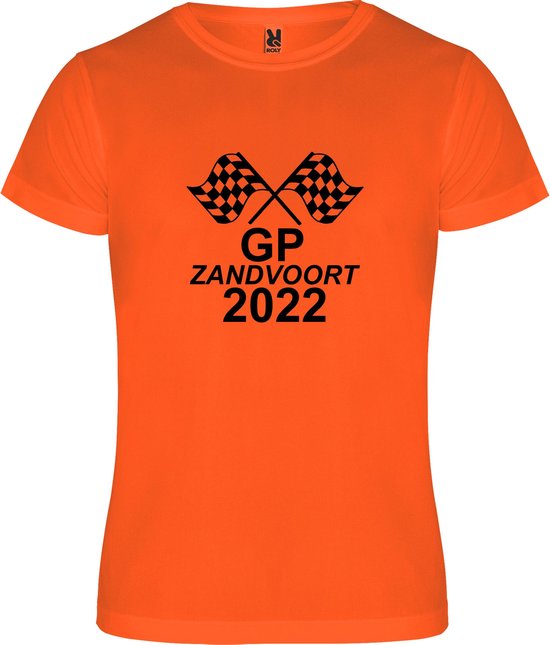 Oranje Polyester T shirt met " GP 2022 Zandvoort met finishvlaggen " print Zwart size L
