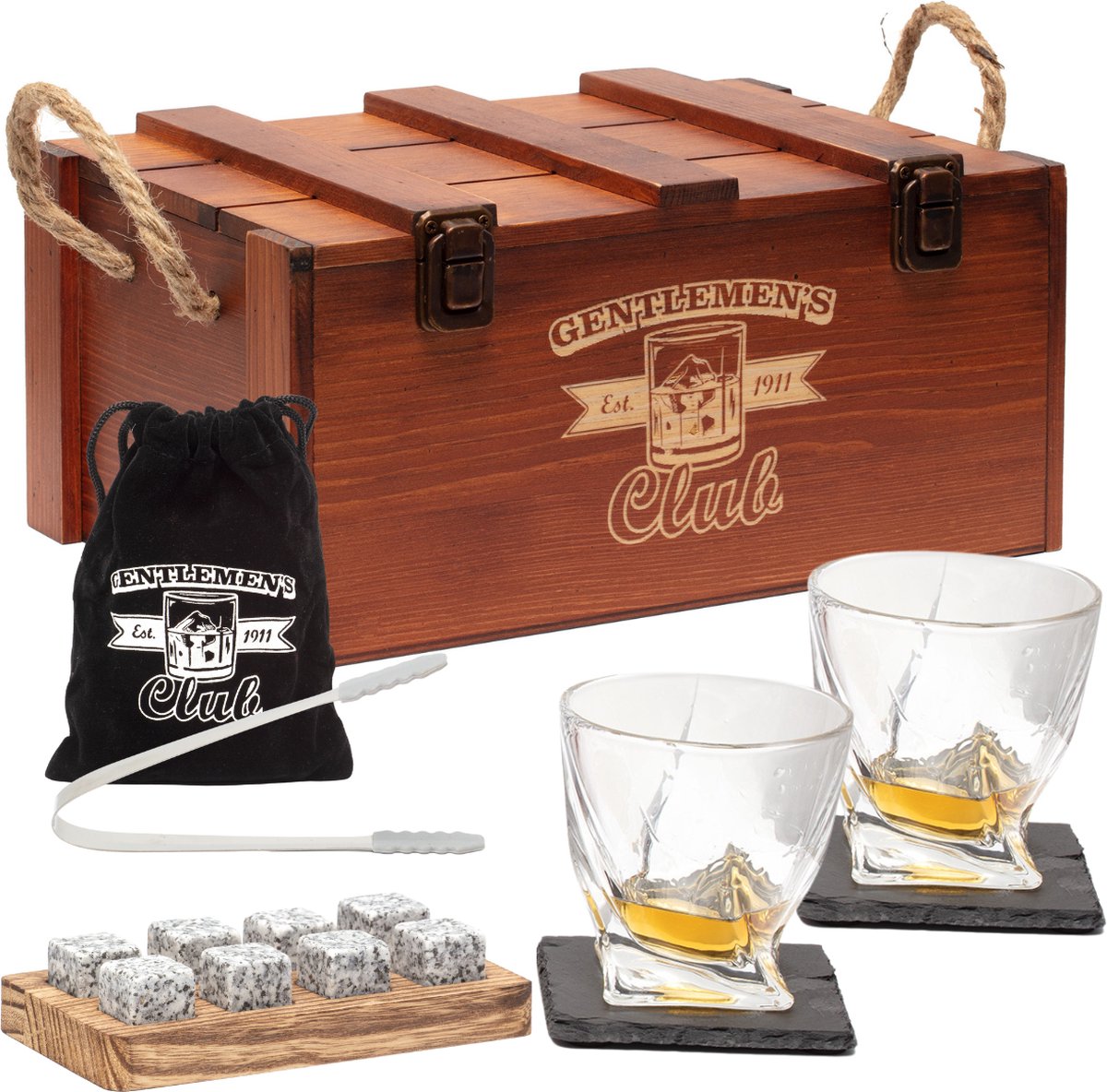 Whiskey Set - Incl. 2 Whiskey Glazen, 8 Whiskey Stones, 2 Onderzetters, Fluwelen Opbergzak, Opbergbox - Whisky Geschenkdoos - Glas - Herbruikbare IJsblokjes - Whiskey Stenen Voor Glazen - Peaky Blinders - Cadeau voor Man & Vrouw