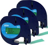 DULA - Dymo LetraTag 91204 - S0721640 - Ruban pour Tape - Plastique Zwart sur vert - 12 mm x 4 m - 3 Pièces