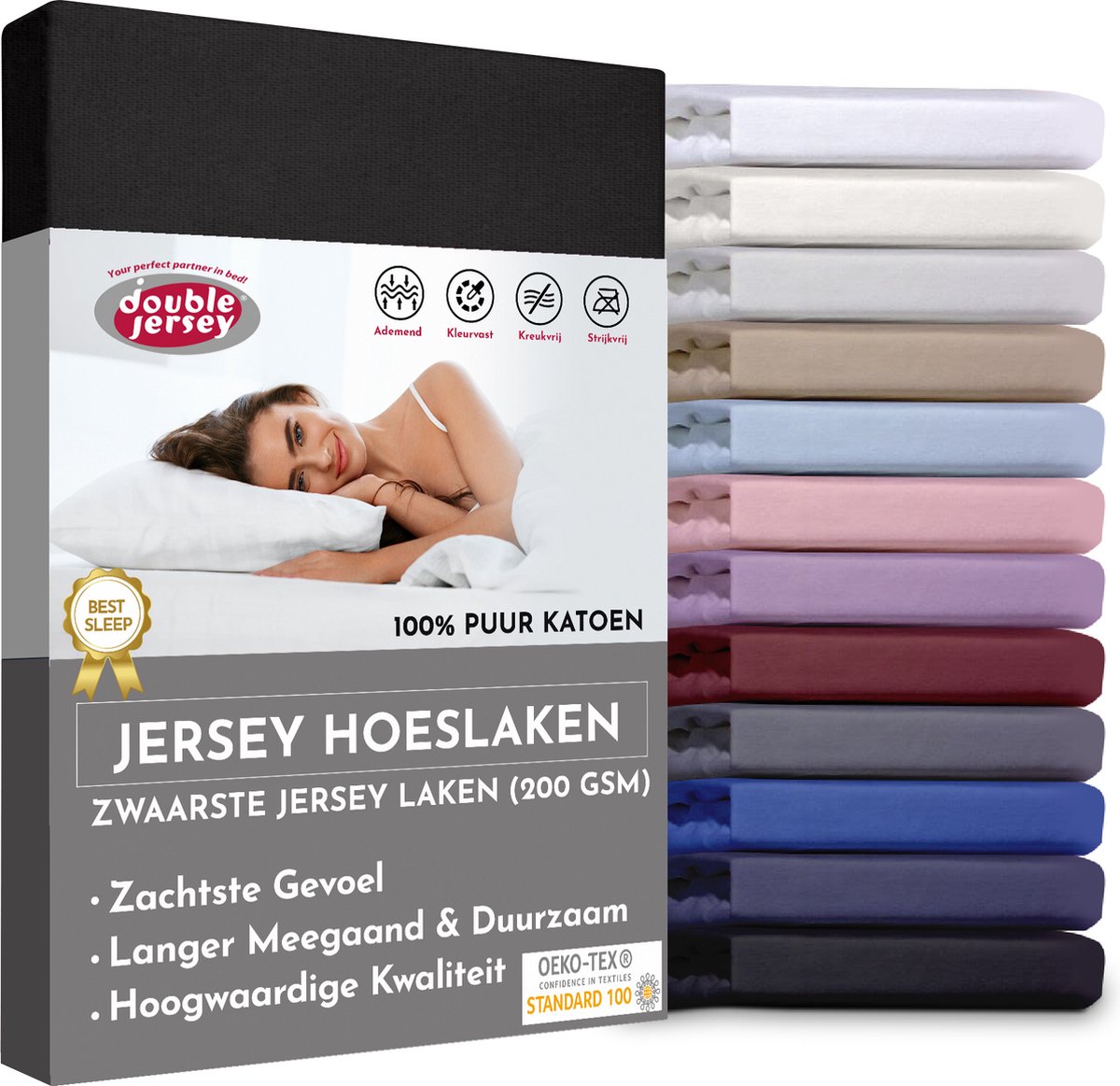 Double Jersey Hoeslaken - Hoeslaken 200x200+30 cm - 100% Katoen Zwart