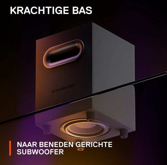 Zwarte subwoofer met naar beneden gerichte speaker en oranje/blauwe gloed.