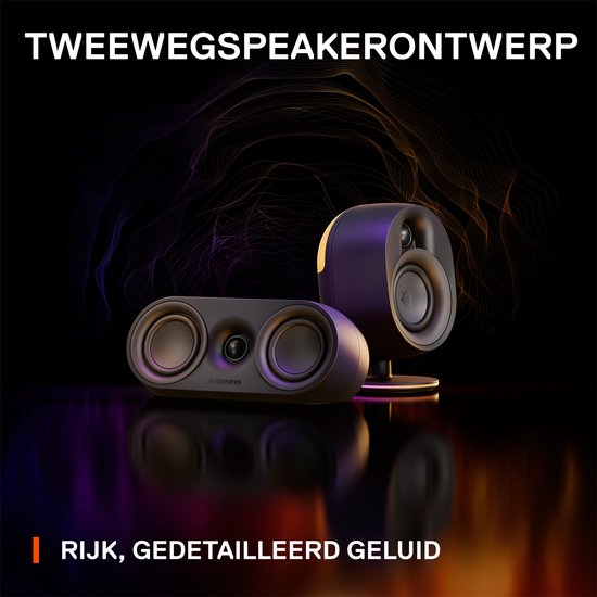 Zwarte tweeweg speakers en een soundbar speaker.