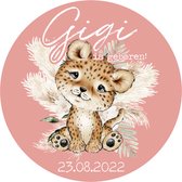 Raamsticker geboorte rond Baby is geboren-roze leeuwtje-naam en geboortedatum-45x45cm