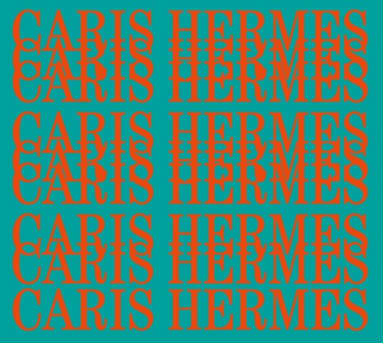 Fond turquoise avec texte répétitif orange 'CARIS HERMES'.
