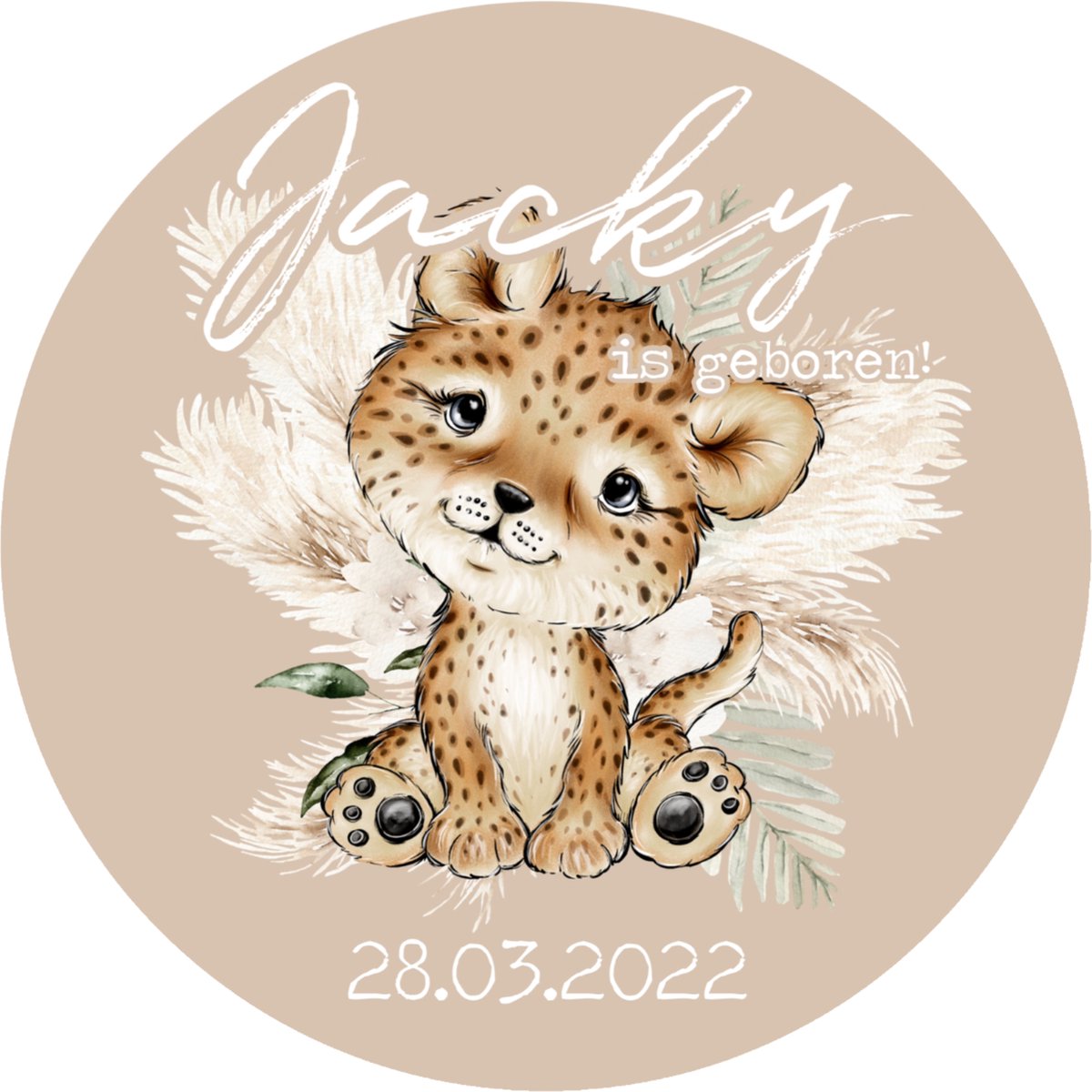 Geboorte aankondiging raam-sticker buitenkant raam-rond-Baby is geboren-beige leeuwtje-naam en geboortedatum-55x55cm