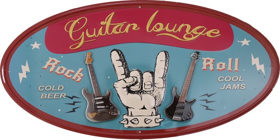 Wandbord - Guitar Lounge - Metalen wandbord - Mancave - Mancave decoratie - Retro - Metalen borden - Metal sign - Bar decoratie - Tekst bord - Wandborden – Bar - Wand Decoratie - Metalen bord - UV