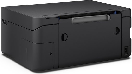 Zijaanzicht van de gesloten, zwarte Epson printer met de poorten aan de achterkant zichtbaar.