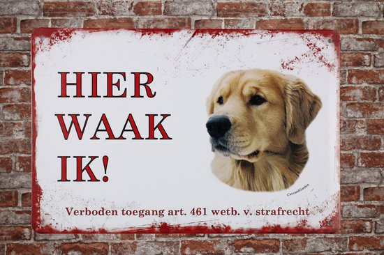 Here I watch Golden Retriever - Plaque murale - Plaque métal - Plaque murale - 20 x 30cm - Résistant aux UV - Plaques métal - Décoration - Eco friendly - Décoration métal - Cadeau - Uniek - Cave & Garden