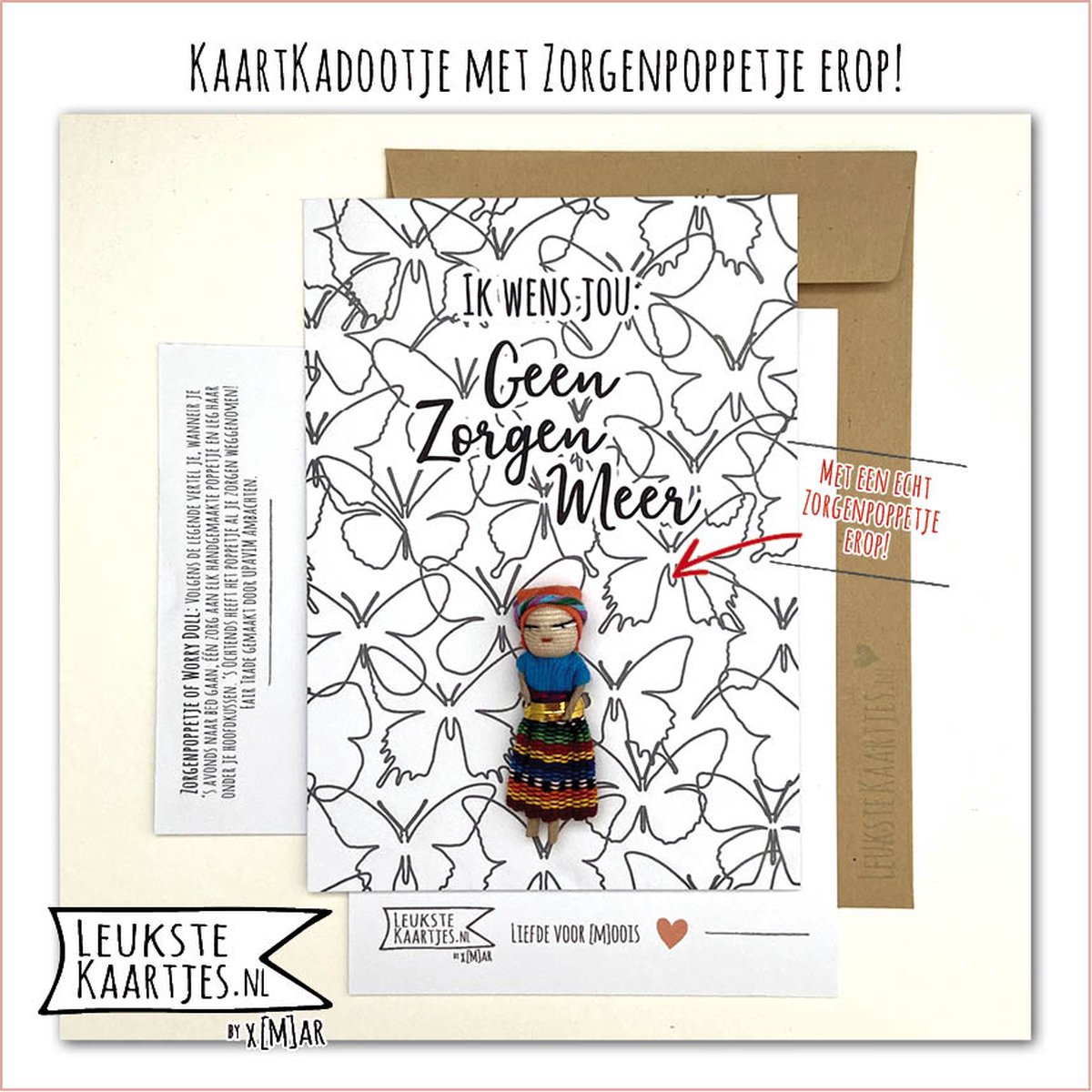 Kaartkadootje -> Zorgenpoppetje / Worry Doll - No:04 (Geen zorgen meer - Vlinders) - LeuksteKaartjes.nl by xMar