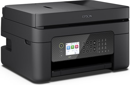 Zwarte Epson printer met een kantelbaar touchscreen en bedieningspaneel.