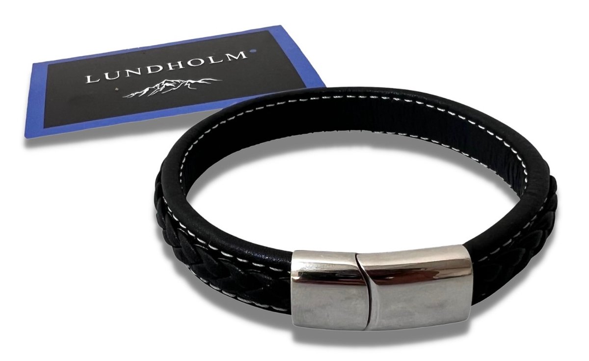 Lundholm Heren armband leer zwart gevlochten patroon - armband heren leer cadeau voor man - mannen cadeautjes tip | Lundholm Ystad serie