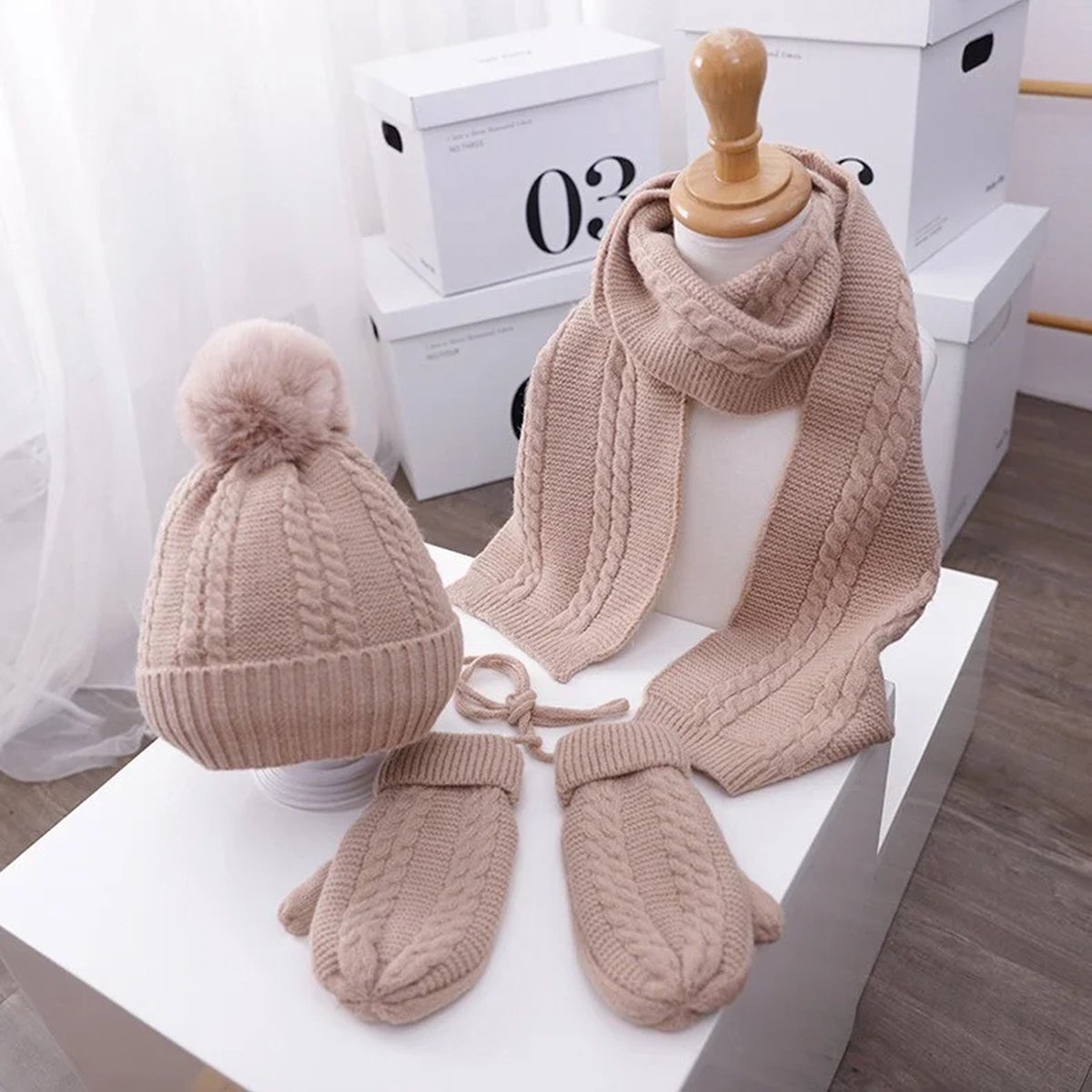 3-delige Winterset Kind Meisje - Muts, Sjaal en Wanten met Voering - 4-8 Jaar - Beige Effen