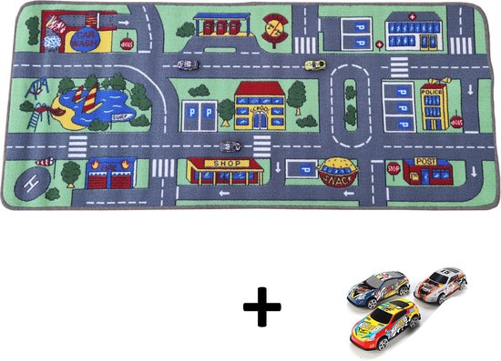 Carpet City Speelkleed - Speelmat 66x155 cm - Inclusief 3 Speelgoed Auto’s - Vloerkleed Kinderkamer - Antislip Speeltapijt - Verkeerskleed - Cadeau