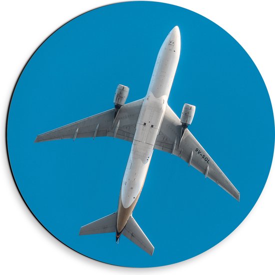 WallClassics - Dibond Muurcirkel - Onderkant van Vliegtuig bij Blauwe Lucht - 30x30 cm Foto op Aluminium Muurcirkel (met ophangsysteem)