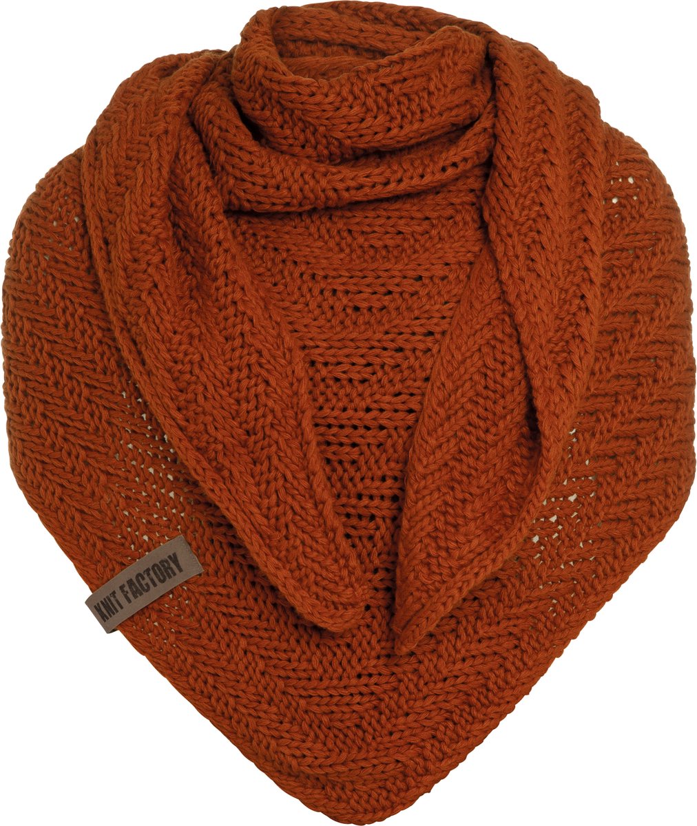 Knit Factory Sally Gebreide Omslagdoek - Driehoek Sjaal Dames - Dames sjaal - Wintersjaal - Stola - Wollen sjaal - Oranje sjaal - Terra - 220x85 cm - Grof gebreid