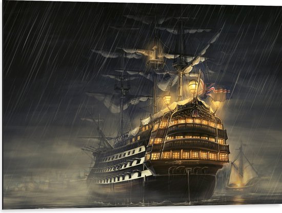 WallClassics - Dibond - Groot Schip op Zee in Storm - 80x60 cm Foto op Aluminium (Met Ophangsysteem)