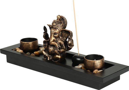 Jardin zen Ganesha avec éléphant, porte-encens, pierres & porte-bougies - Jardin zen