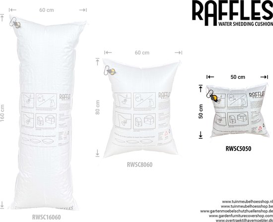 Drie waterafstotende kussens: Rswc16060 (160x60 cm), Rswc8060 (80x60 cm) en Rswc5050 (50x50 cm).