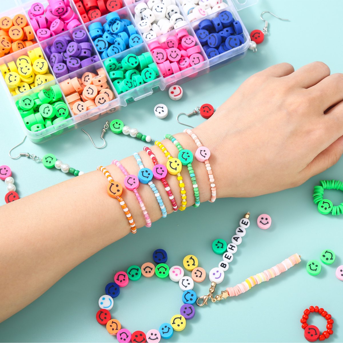 Behave Polymeer Smiley Kralen Set - Knutselen Meisjes - Klei Kralen - 440-Delig - 10 mm — afbeelding 3