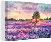 Canvas - Schilderij - Lavendel - Verf - Bloemen - Vogel - Bomen - Schilderijen op canvas - 90x60 cm - Foto op canvas - Wanddecoratie