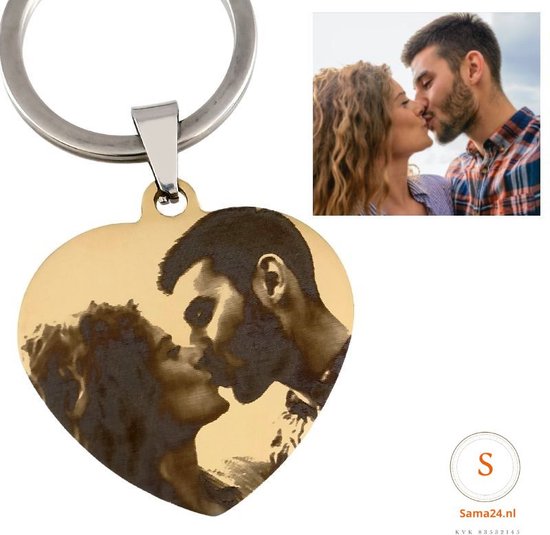 Porte-clés Gravure Love - coeur avec photo et texte - Titane - Doré