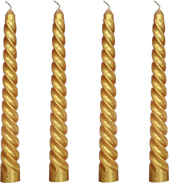 Comforder Set van 4 Gedraaide Kaarsen - 19cm Goud - Lange Draai Dinerkaarsen - Swirl/Twist Candles