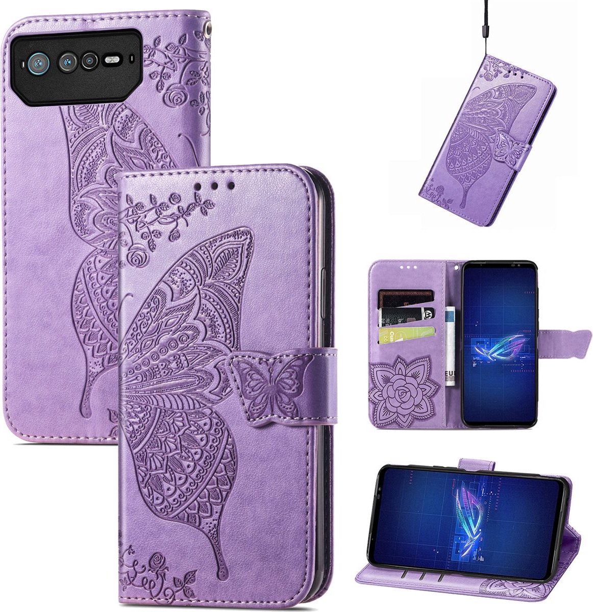 Mobigear Telefoonhoesje geschikt voor ASUS ROG Phone 6 Hoesje | Mobigear Butterfly Bookcase Portemonnee | Pasjeshouder voor 3 Pasjes | Telefoonhoesje voor Pinpas / OV Kaart / Rijbewijs - Paars