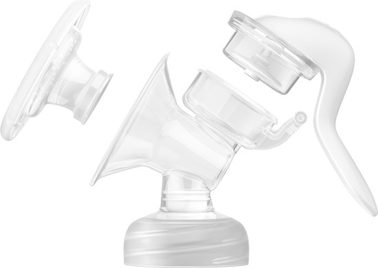 Philips Avent handkolf onderdelen: flens, ventiel en handvat. De onderdelen zijn wit en transparant.