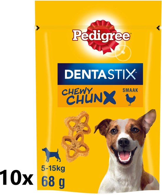 Pedigree Dentastix Chewy Chunx Kip. Verpakking met een Jack Russell terriër, 10 zakjes van 68g voor honden van 5-15kg.