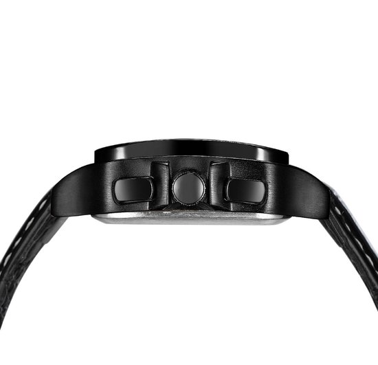 Zijkant van een zwart horloge met een zwarte band en zilveren knopjes.