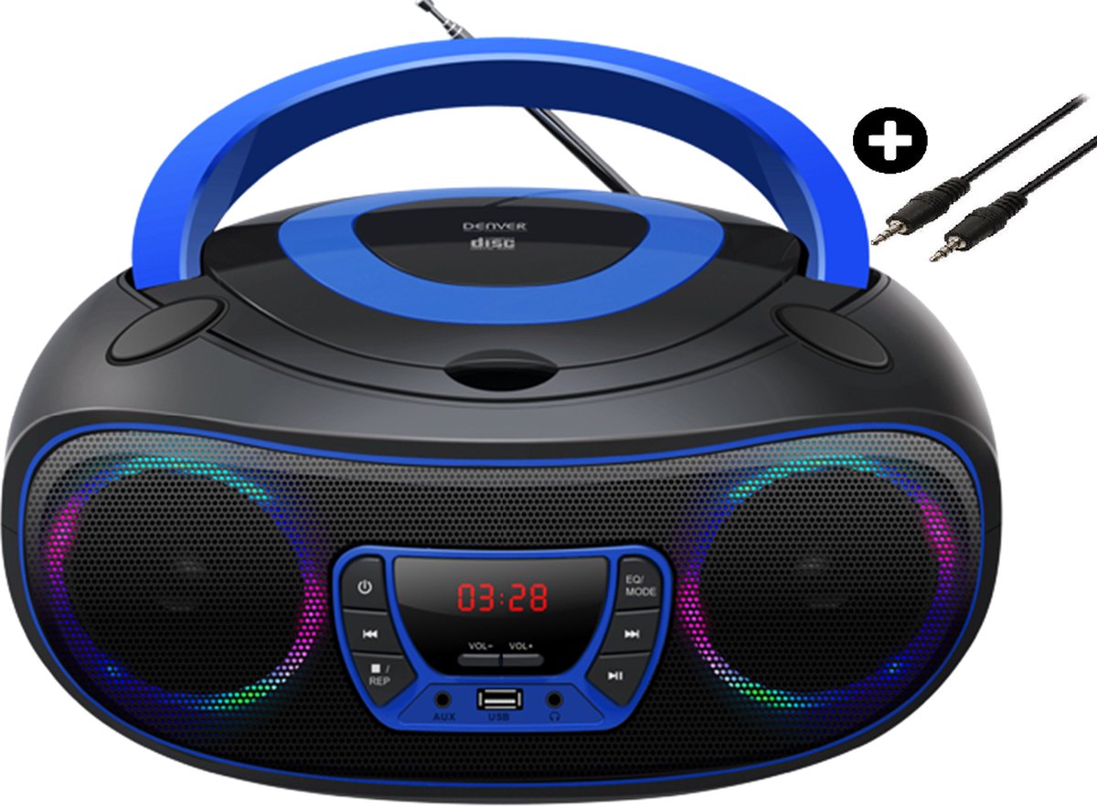 Denver - Draagbare Boombox - FM Radio - CD-Speler - AUX aansluiting + AUX Kabel geleverd - USB - Zwart Blauw