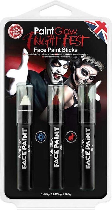 PaintGlow - Halloween Face & Body Paint Sticks set - Festival make up - 3,5 gram - zwart - wit - rood
