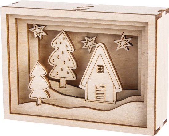 Bouwpakket Kerst - Hout - 3D in Lijst - 8,5 x 11,5 x 3 cm - Met Gratis Verlichting 8 Led - Knutsel - Kado Tip !!