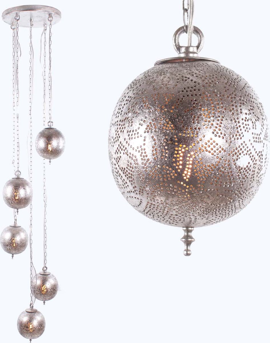 Oosterse goudkleurige hanglamp | 5 lichts | zilver | metaal | Ø 15 cm | in hoogte verstelbaar tot 150 cm | eetkamer / woonkamer lamp | modern / landelijk / sfeervol design