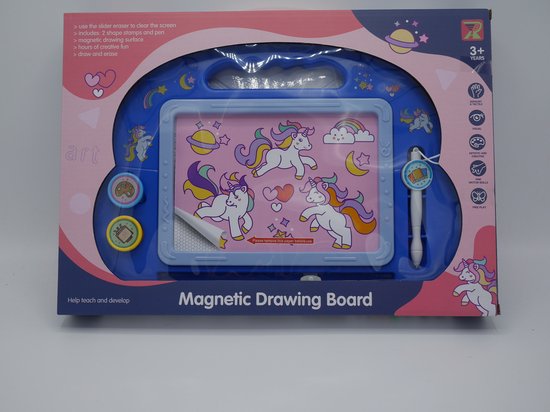 Magisch tekenbord eenhoorn, met 2 magneet stempes en magneet pen.