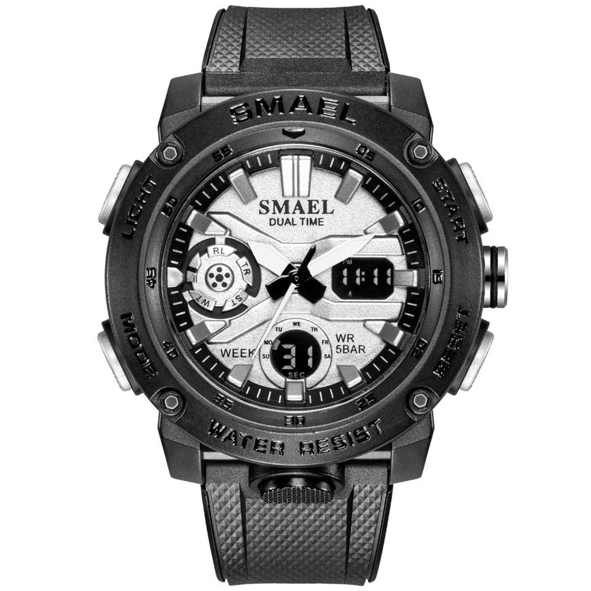 Digitaal Shockbestendig Horloge Zwart Zilver | Smael | Waterdicht 5ATM | Glow in dark | Mud Master | Mudmaster | Shock | Licht | Rubberen band | 1907 | Timer | Eyecatcher | Master | kado | Cadeau