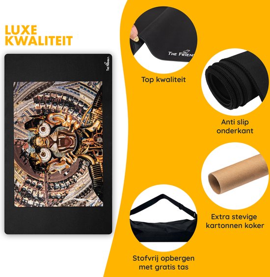 Luxe kwaliteit puzzelmat van The Friendly. Kenmerken: topkwaliteit, anti-slip onderkant, extra stevige kartonnen rol en stofvrij opbergen met gratis tas.