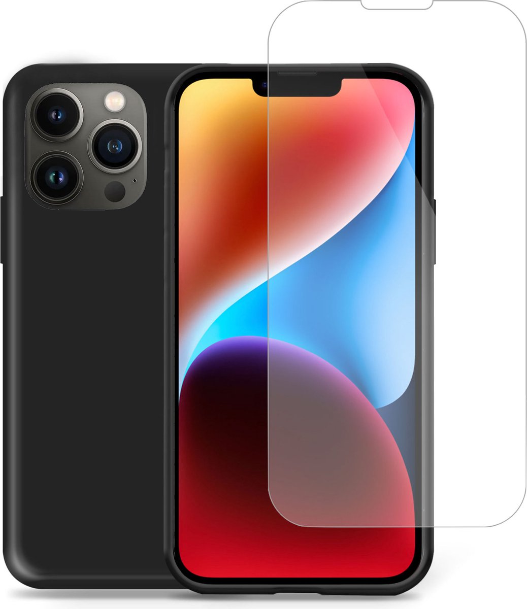 Geschikt voor iPhone 14 Plus Hoesje + Screenprotector – Gehard Glas Cover - Suède Case Zwart