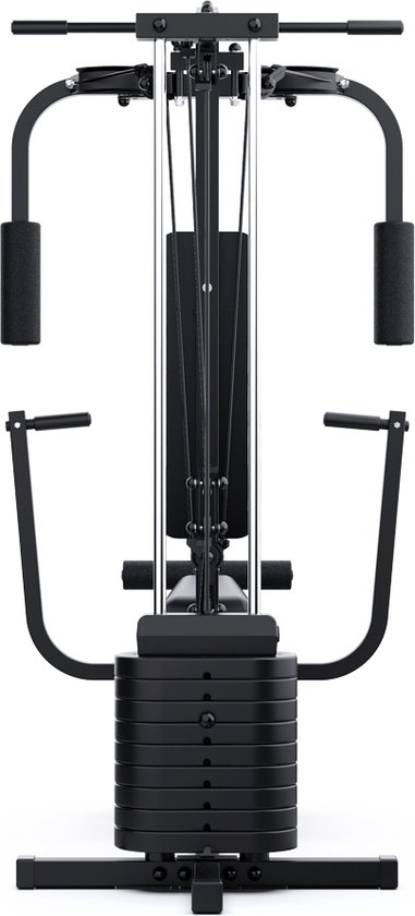 Zwart Focus Fitness Unit 2 krachtstation met dubbele handgrepen, gewichtstapel en lat pulley.